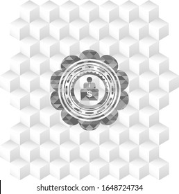 man working on computer icon inside retro style grey emblem with geometric cube white background