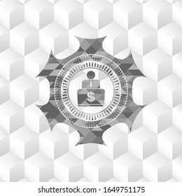man working on computer icon inside grey emblem. Vintage with geometric cube white background