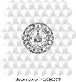 hombre trabajando en un icono de computadora dentro de un emblema gris realista con fondo blanco cubo