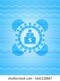 man working on computer icon inside light blue water badge background.