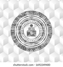 man working on computer icon inside grey badge with geometric cube white background