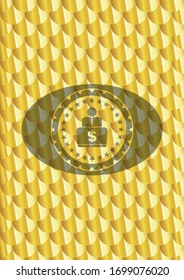 man working on computer icon inside shiny golden badge. Scales pattern. Vector Illustration. Detailed.