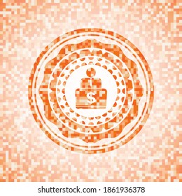 man working on computer icon inside abstract emblem, orange mosaic background. 