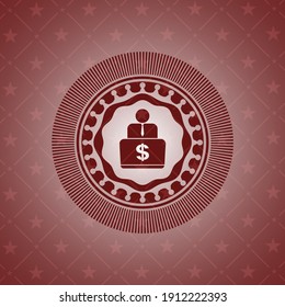 man working on computer icon inside vintage red emblem. 