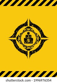 man working on computer icon black grunge emblem inside yellow warning sign. Vector Illustration. Detailed. 