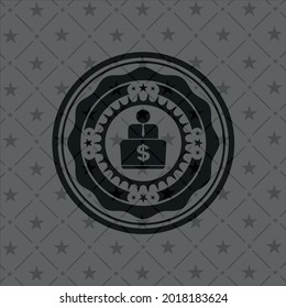 man working on computer icon inside dark emblem. 