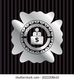man working on computer icon inside silvery badge. 