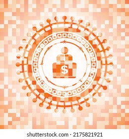 man working on computer icon inside orange tile background illustration. Square geometric mosaic seamless pattern with emblem inside. 