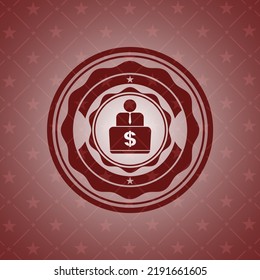 hombre trabajando en un icono de computadora dentro de un emblema rojo realista. 