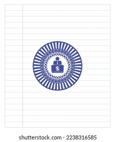 hombre trabajando en un emblema de icono de computadora con efecto de lápiz. Tinta azul. Ilustración vectorial. Detallado. 