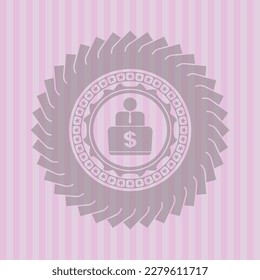 man working on computer icon inside vintage pink emblem. Concept design. 