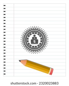 man working on computer icon drawn in pencil. Vector Illustration. Detailed. 