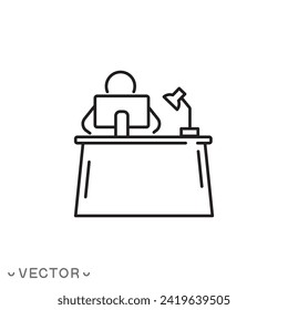 man working on computer icon, business person at the office desk, thin line symbol isolated on white background, editable stroke eps 10 vector illustration