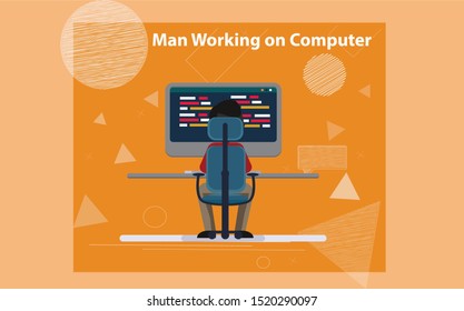 A man working on the computer. Isometric vector illustration.