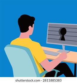Man Working on Computer with Keyhole Symbol