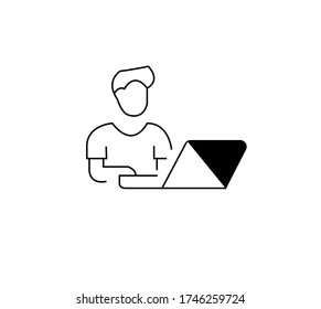 Hombre trabajando en un icono de línea de computadora.  Persona sentada frente al portátil