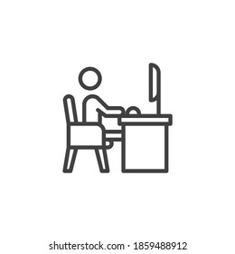 Man working on computer line icon. linear style sign for mobile concept and web design. Freelancer sitting at workplace outline vector icon. Symbol, logo illustration. Vector graphics