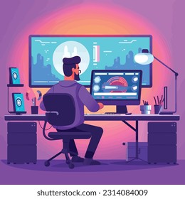 Man working on computer Modern setup illustration