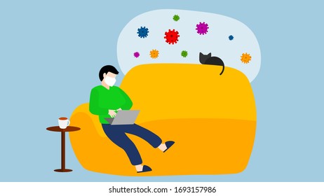 A man working on a computer notebook from home, COVID-19, vector, illustration