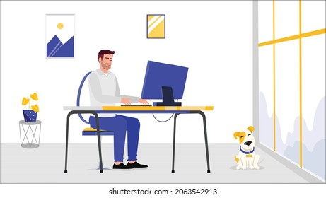 Man working on computer office