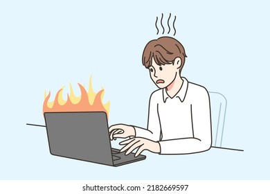 Man working on computer in office stressed to meet deadline. Unhappy distressed businessman overwork on laptop burning. Job burnout. Vector illustration. 