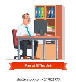 Man working on a computer at the office table behind a cupboard full of ring binders and papers. Flat style illustration or icon. EPS 10 vector.