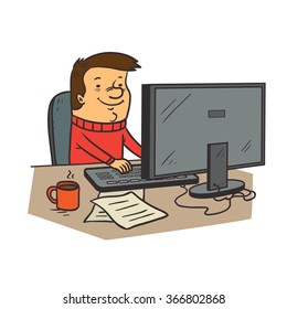 Man working on the computer in the office. Cartoon charachter. Vector illustration.