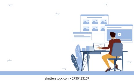 Man working on the computer. Open window of programs and system message. Illustration with empty space fot text