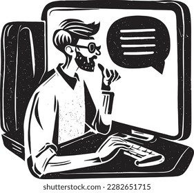 Man working on computer pc, linocut, talking, chatting