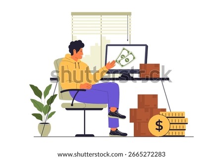 Man Working on Computer for Side Hustle. Home Office. Vector Flat Illustration