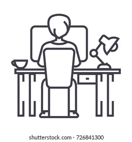 man working on computer on table, sitting back vector line icon, sign, illustration on background, editable strokes