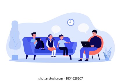 Man Working On Computer And Talking To His Children. Job, Family. Flat Vector Illustration. Telecommuting Concept Can Be Used For Presentations, Banner, Website Design, Landing Web Page