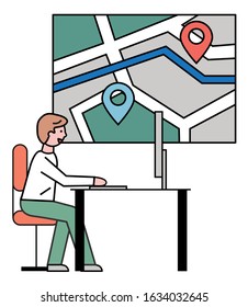 Man working on computer at travel agency, bureau. Guy sit on chair by table at office alone. Street map on wall with way between destination pointers. Vector illustration of road plan in flat style