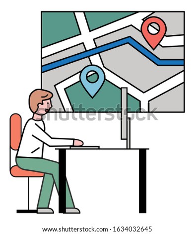 Man working on computer at travel agency, bureau. Guy sit on chair by table at office alone. Street map on wall with way between destination pointers. Vector illustration of road plan in flat style
