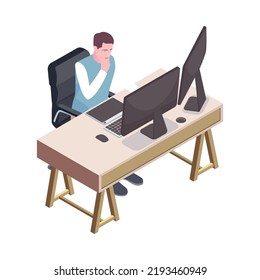 Man working on computer with two monitors in office 3d isometric vector illustration