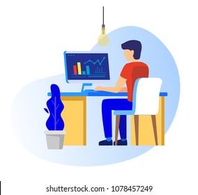 Man working on computer. Vector business icon