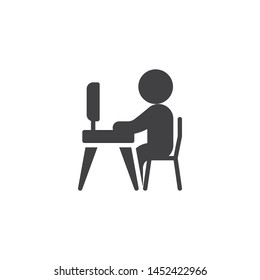 Man Working On Computer Vector Icon. Filled Flat Sign For Mobile Concept And Web Design. Person Sitting At Desk Using Computer Glyph Icon. Symbol, Logo Illustration. Vector Graphics