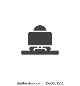 Man working on computer vector icon. filled flat sign for mobile concept and web design. Office workplace with desktop computer glyph icon. Symbol, logo illustration. Vector graphics