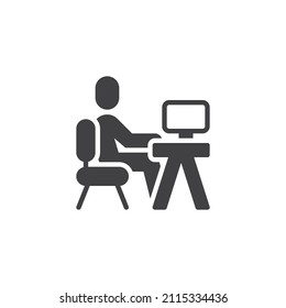 Man Working on Computer vector icon. filled flat sign for mobile concept and web design. Freelancer at Workplace glyph icon. Symbol, logo illustration. Vector graphics