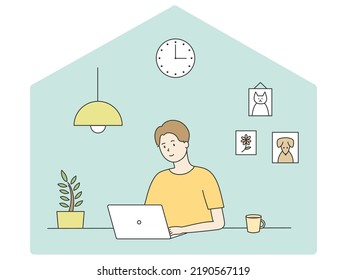 Man working on computer, vector illustration