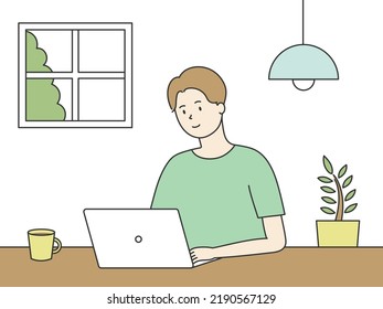 Man working on computer, vector illustration