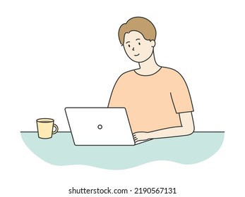 Man working on computer, vector illustration