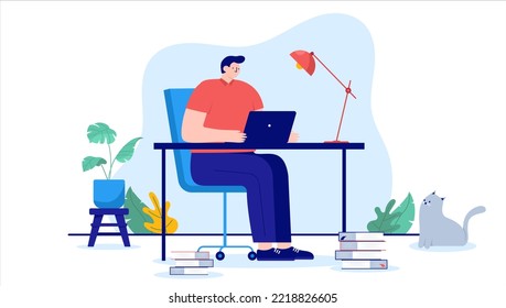 Man working on computer - Vector illustration of person sitting at desk with laptop doing work and concentrating. Flat design with white background