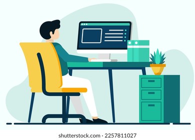 Man working on computer. Vector illustration in flat style. Work at home concept.