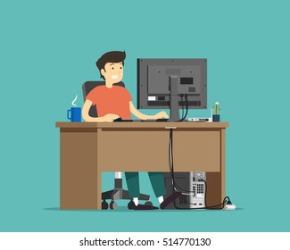a man working on a computer. Vector illustration.