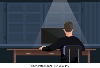 Man working on a computer. View from his back flat vector illustration