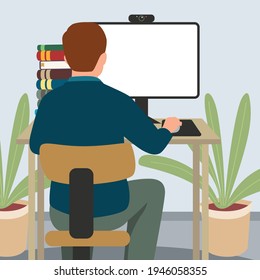 Man Working On A Computer. View From His Back Flat Vector Illustration