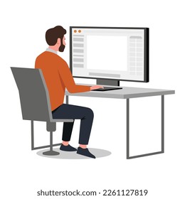 Hombre trabajando en una computadora. Ver desde su ilustración vectorial plano posterior