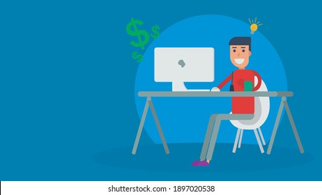man working on the computer, who just had an idea of how to make money online. copy space, text area