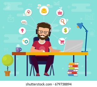 Man working on computer. Work desk, flat cartoon person character, idea of freelancer workplace, online internet conversation image. Vektor EPS10